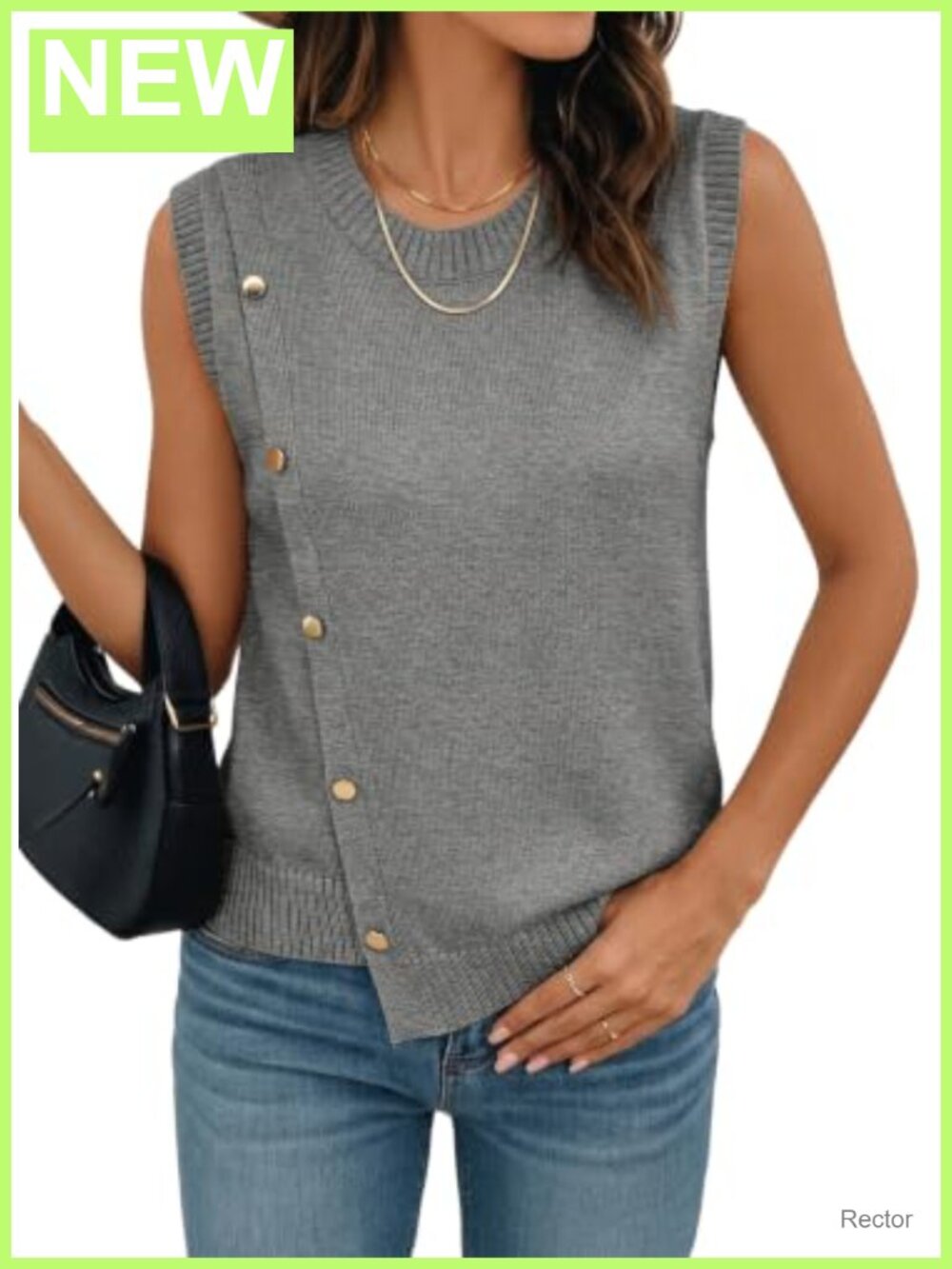 Sleeveless Knit Sweater Vest Gold Button Irregular Hem Pullover